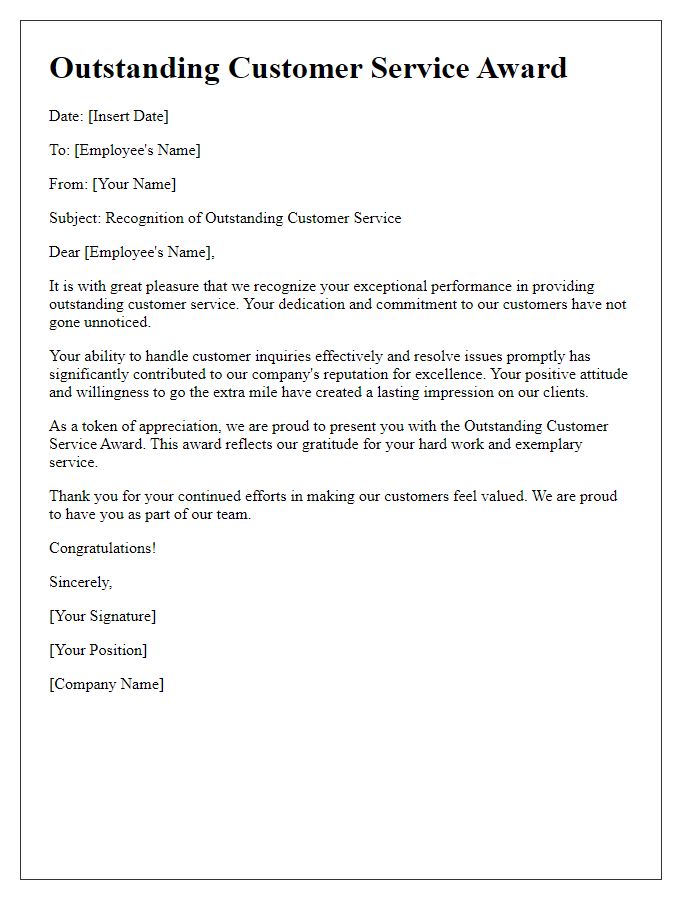 Letter template of recognition for outstanding customer service award