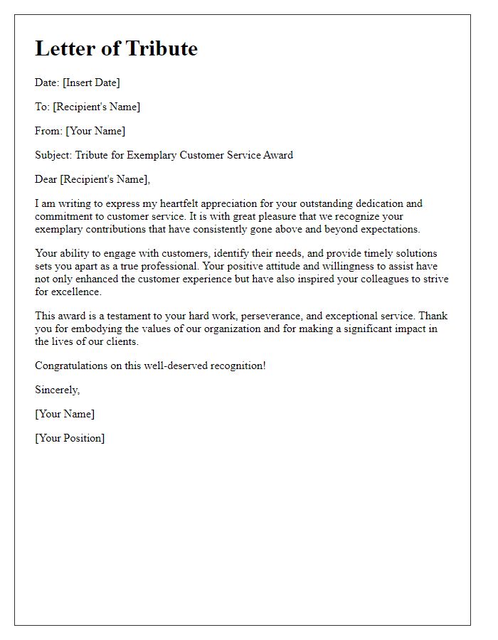 Letter template of tribute for exemplary customer service award