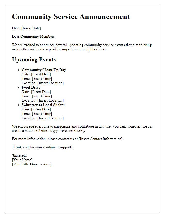 Letter template of community service announcement for upcoming events