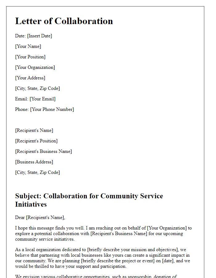 Letter template of community service collaboration with local businesses