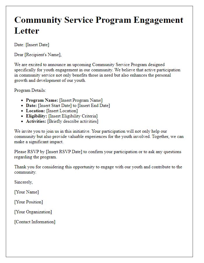 Letter template of community service program for youth engagement