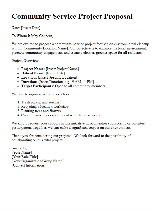 Letter template of community service project for environmental cleanup