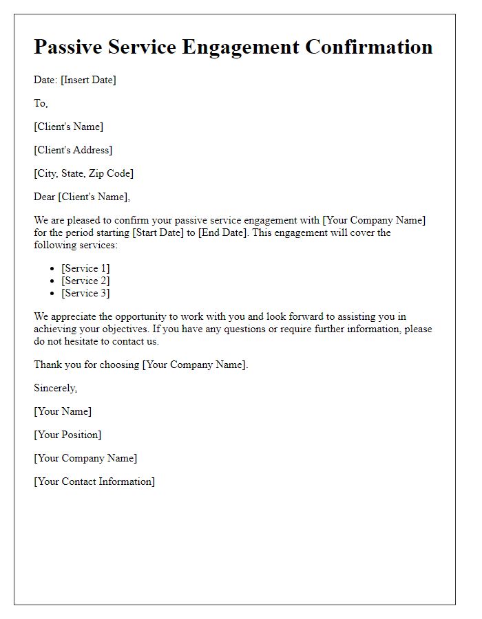 Letter template of Passive Service Engagement Confirmation