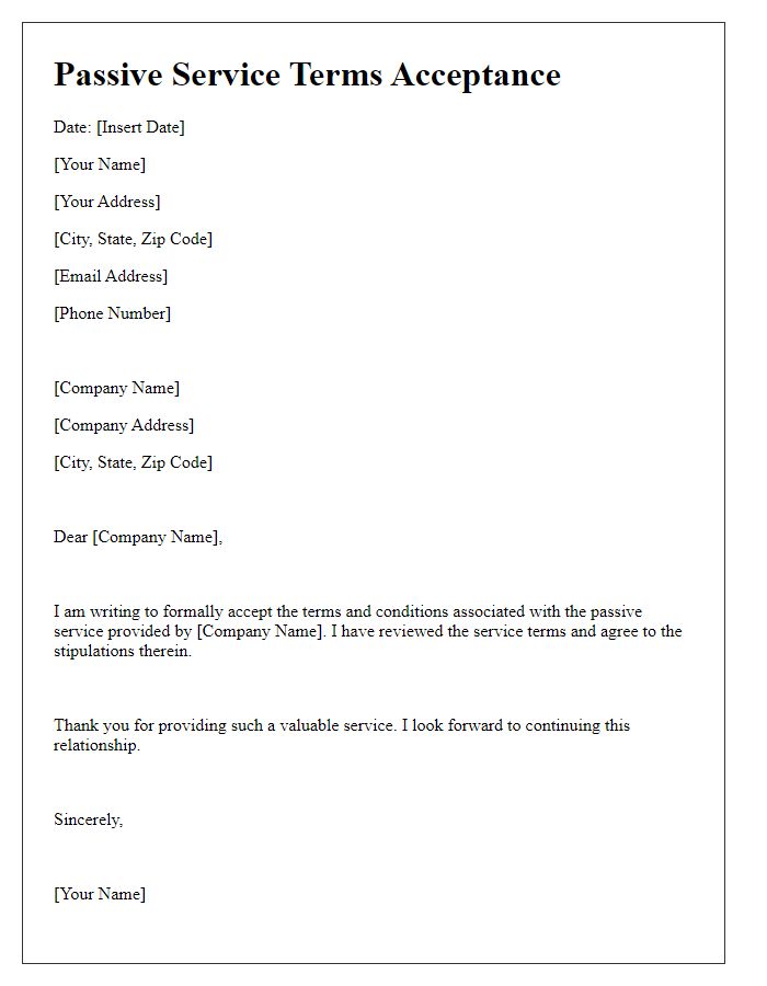 Letter template of Passive Service Terms Acceptance