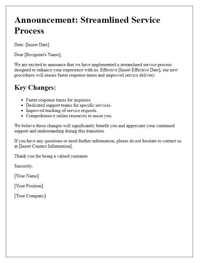 Letter template of streamlined service process announcement