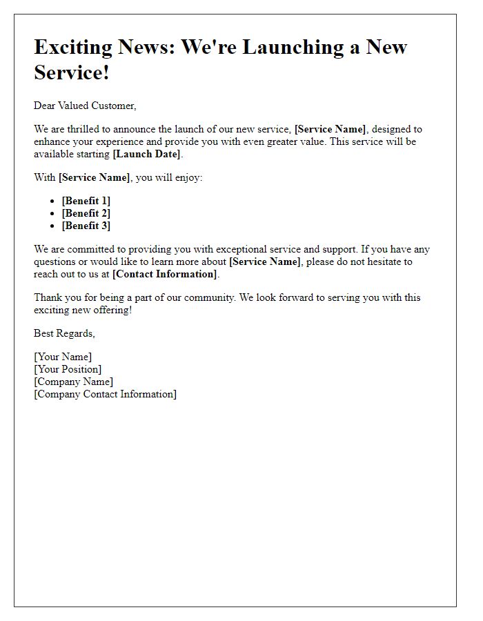 Letter template of service launch announcement for existing customers