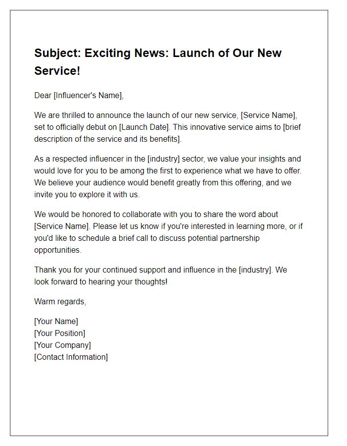 Letter template of service launch announcement for industry influencers