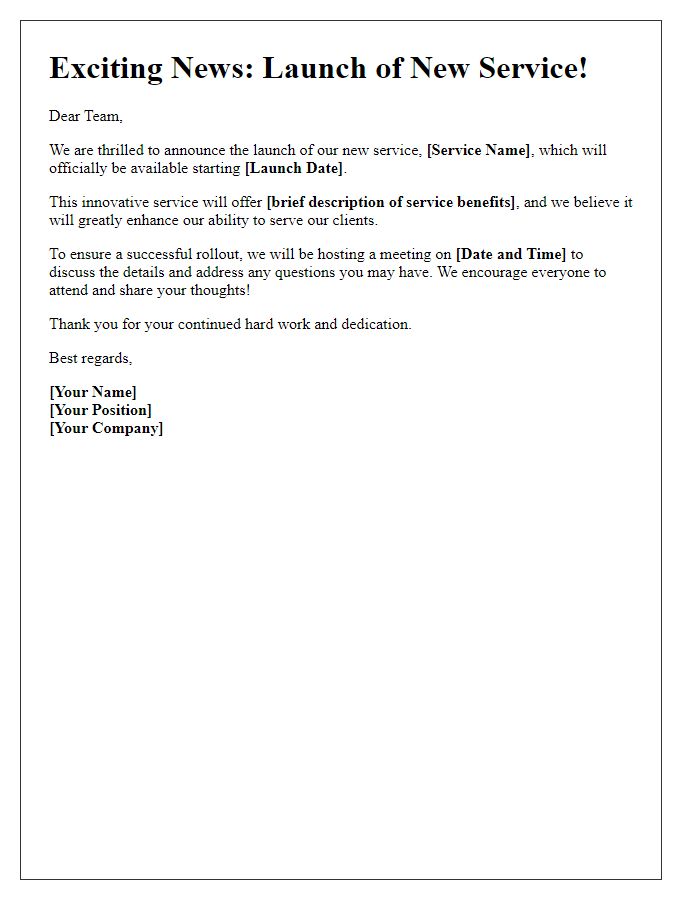 Letter template of service launch announcement for internal team communication