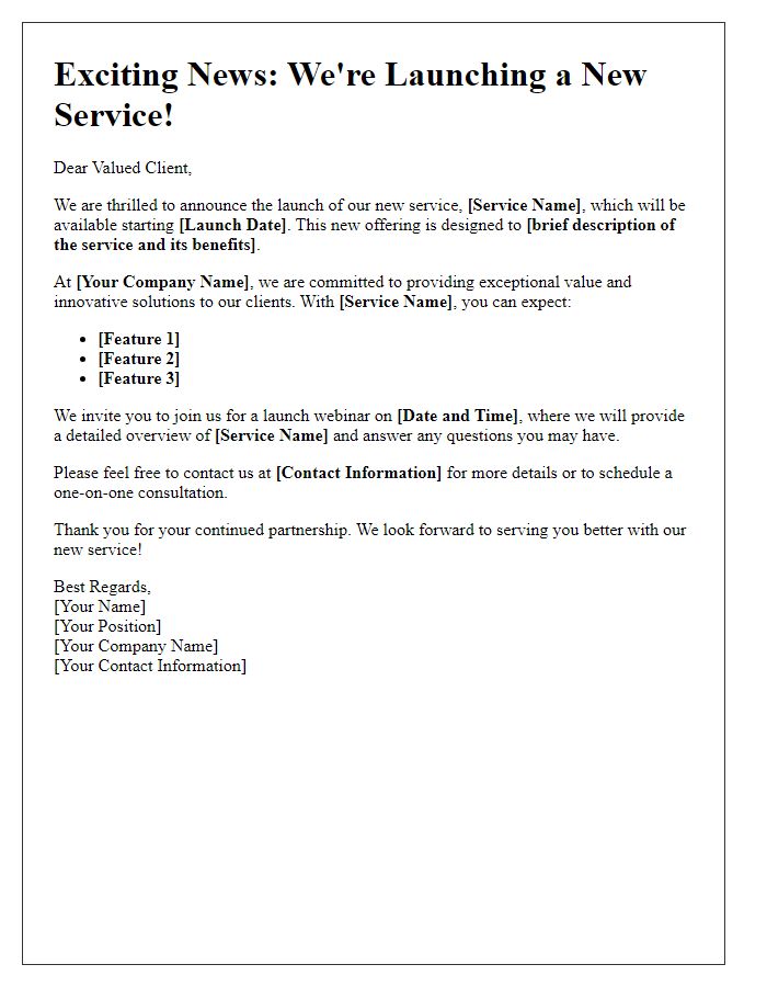 Letter template of service launch announcement for potential clients