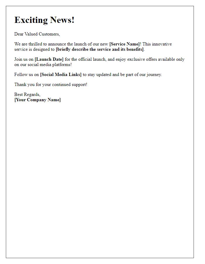 Letter template of service launch announcement for social media promotion