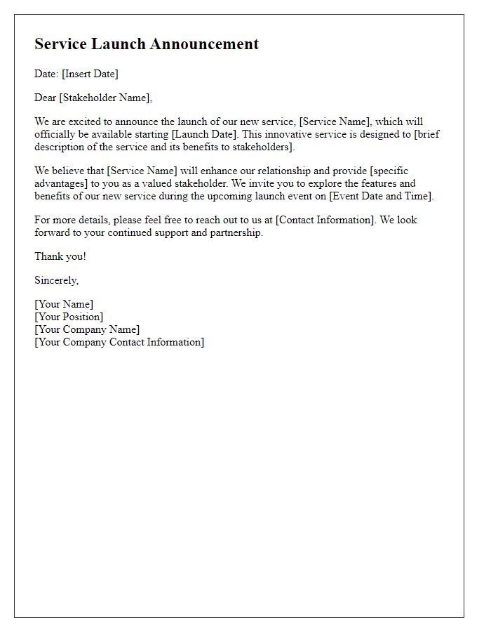 Letter template of service launch announcement for stakeholders