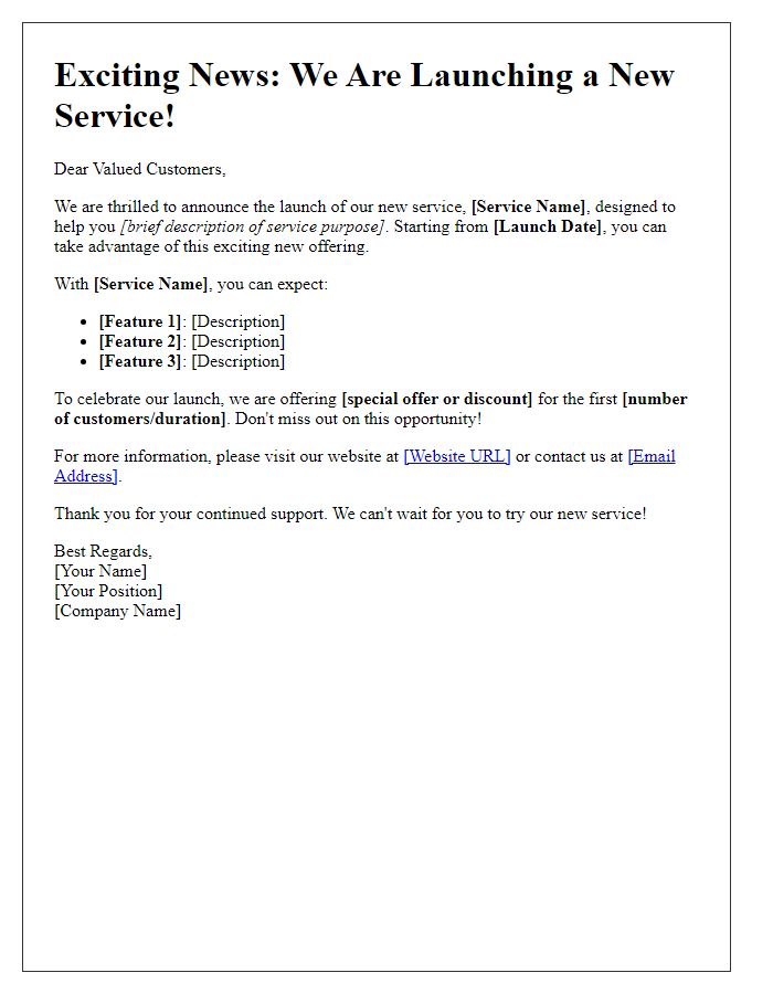 Letter template of service launch announcement for website and blog use