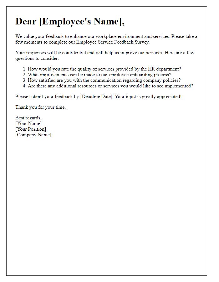 Letter template of employee service feedback survey.