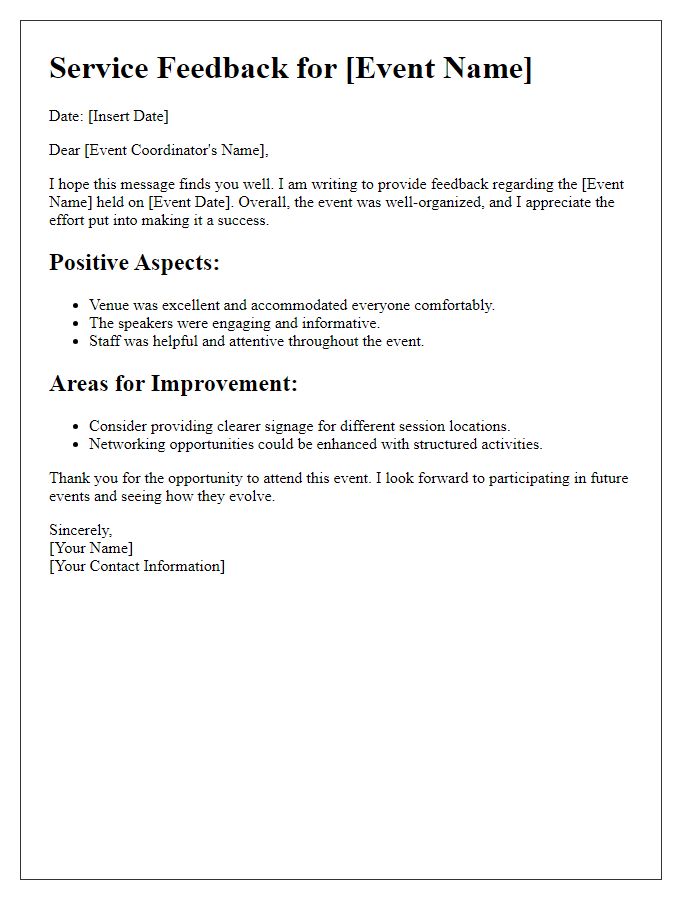 Letter template of service feedback for an event.