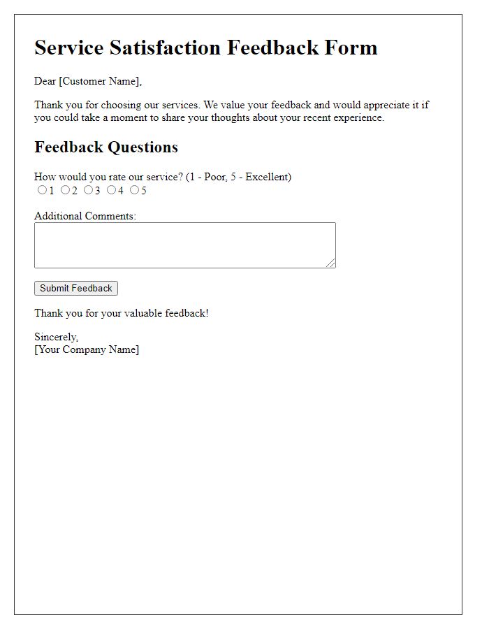 Letter template of service satisfaction feedback form.