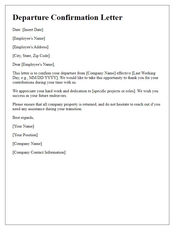 Letter template of departure confirmation for staff