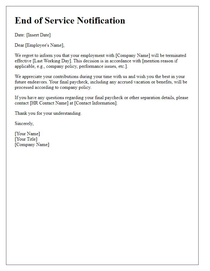 Letter template of end-of-service notification