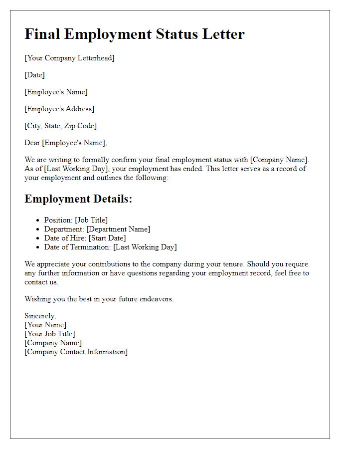 Letter template of final employment status letter