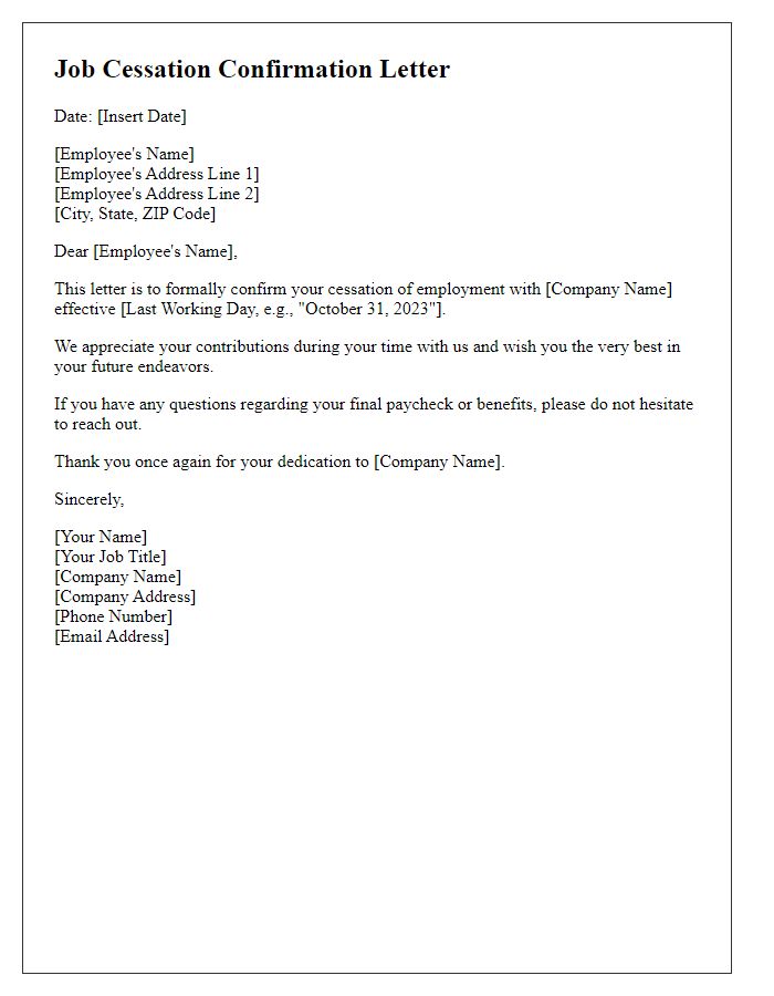 Letter template of job cessation confirmation