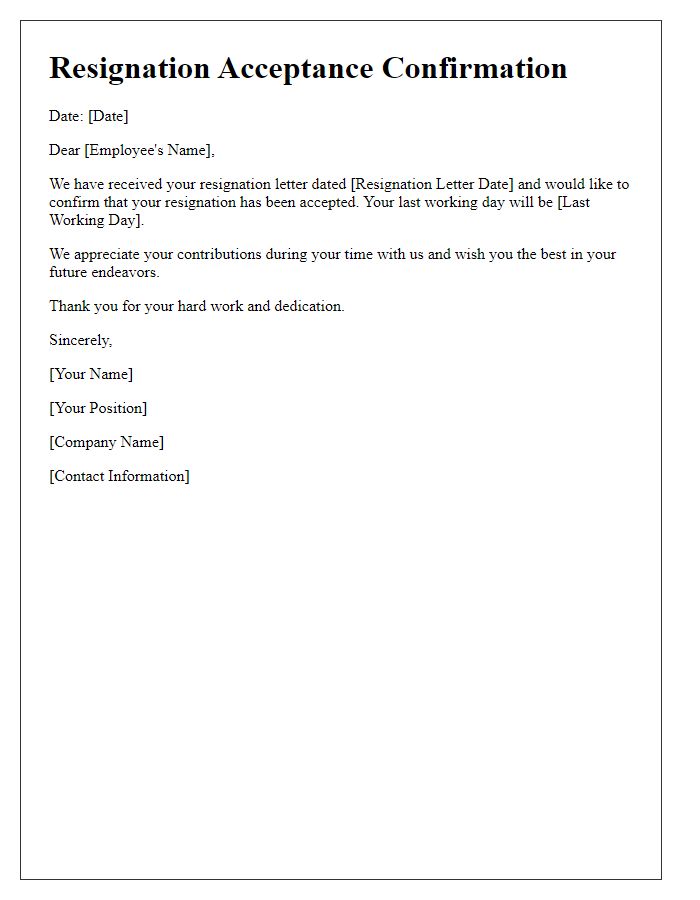 Letter template of resignation acceptance confirmation