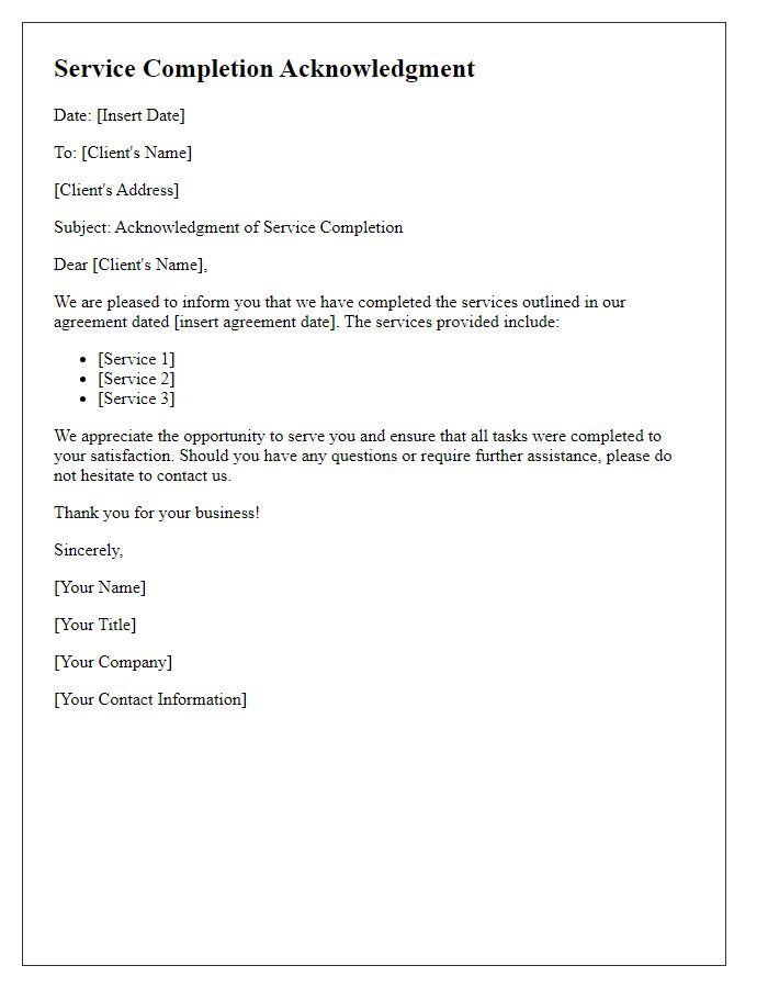 Letter template of service completion acknowledgment