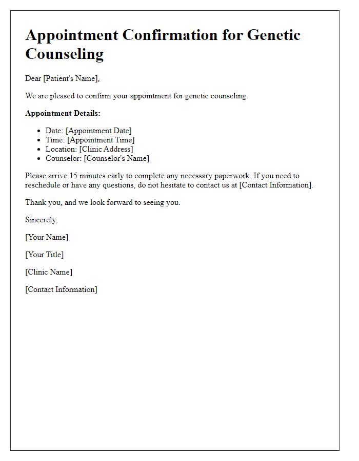 Letter template of appointment confirmation for genetic counseling sessions