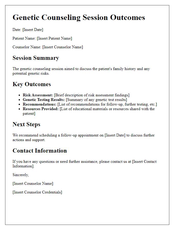 Letter template of genetic counseling session outcomes