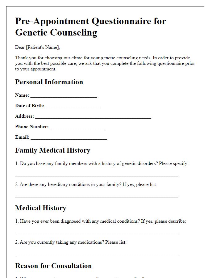 Letter template of pre-appointment questionnaire for genetic counseling