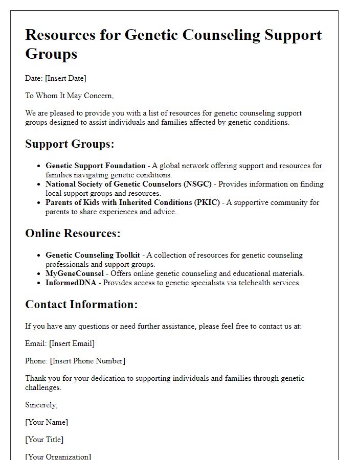 Letter template of resources for genetic counseling support groups