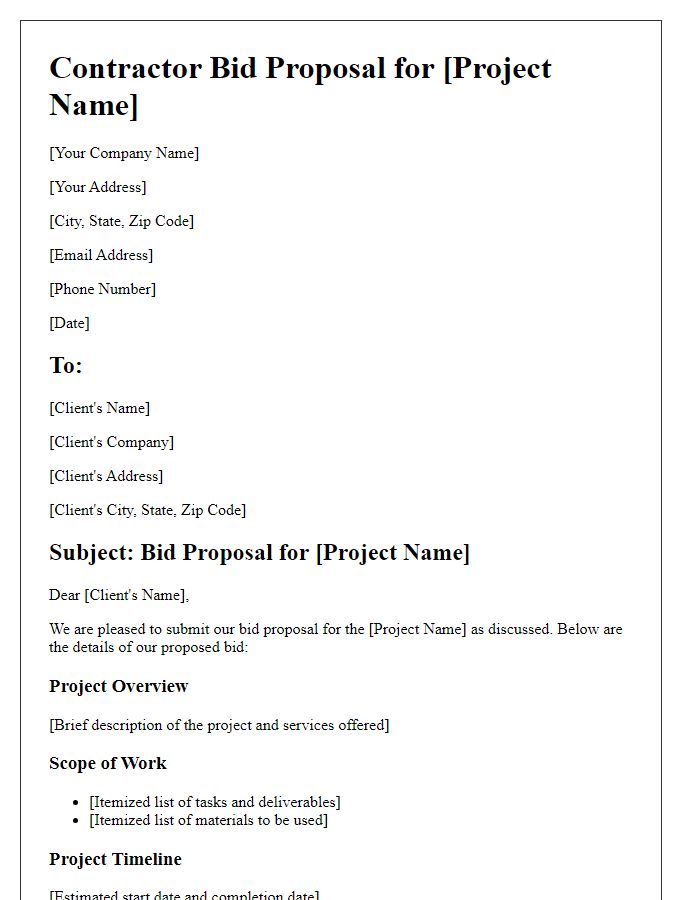 Letter template of contractor bid proposal for commercial project submission