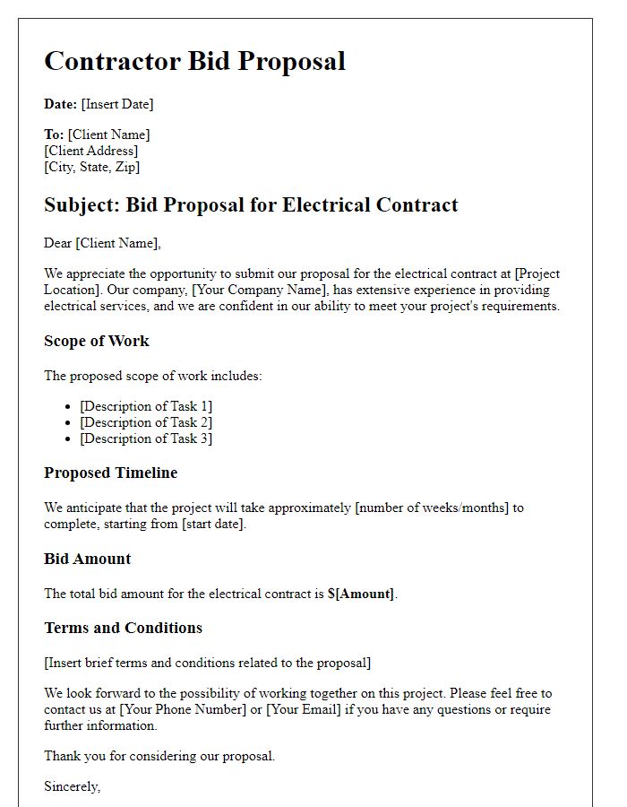 Letter template of contractor bid proposal for electrical contract