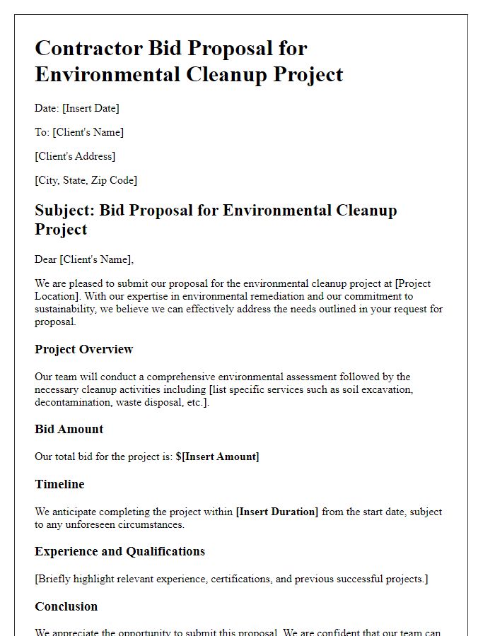 Letter template of contractor bid proposal for environmental cleanup project