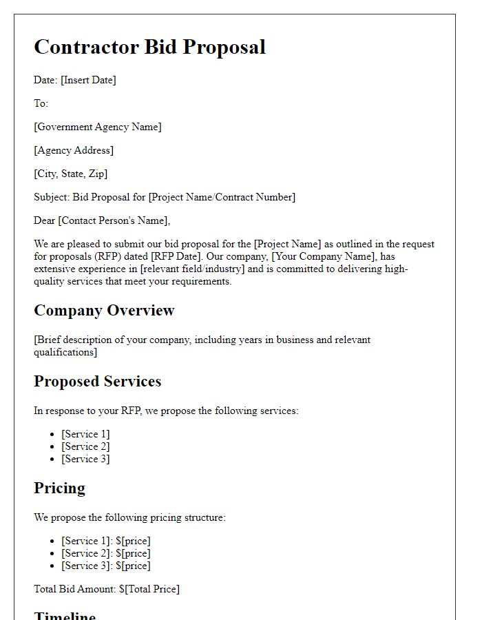 Letter template of contractor bid proposal for government contract