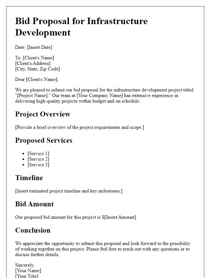 Letter template of contractor bid proposal for infrastructure development