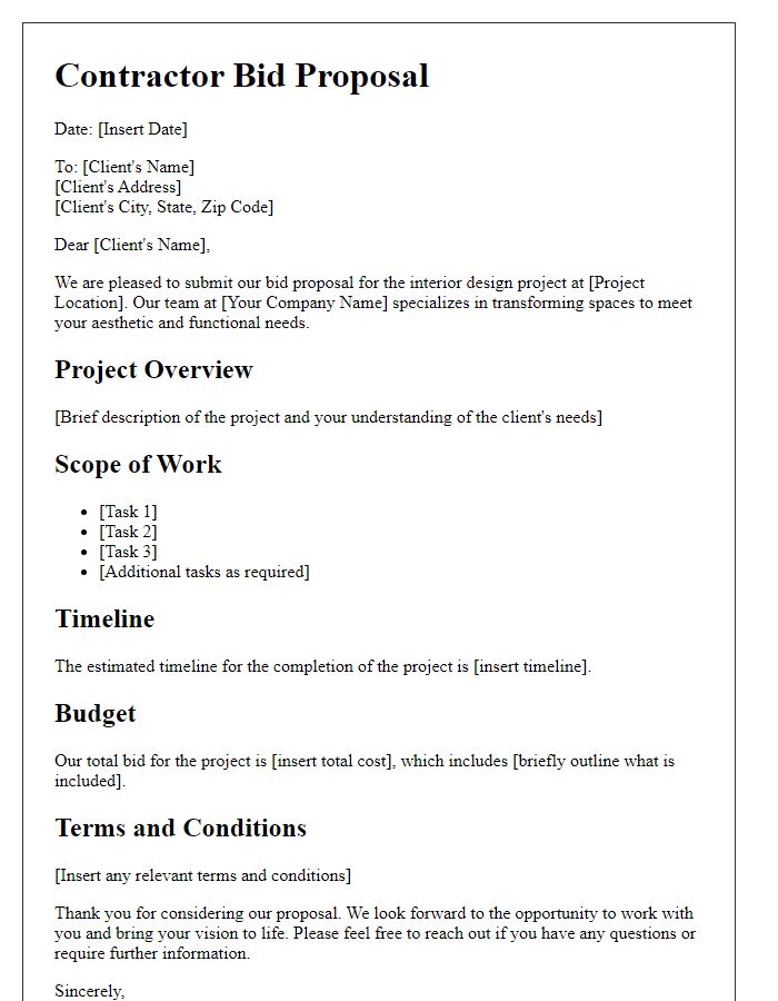 Letter template of contractor bid proposal for interior design project