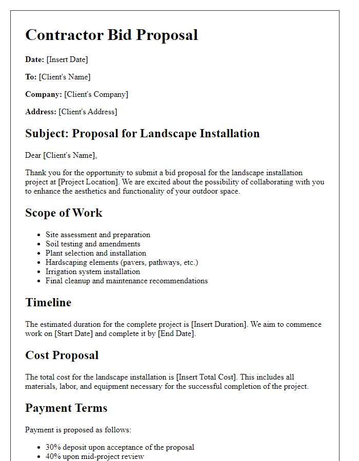 Letter template of contractor bid proposal for landscape installation