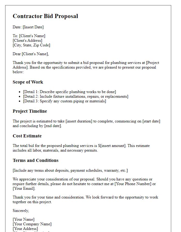 Letter template of contractor bid proposal for plumbing services