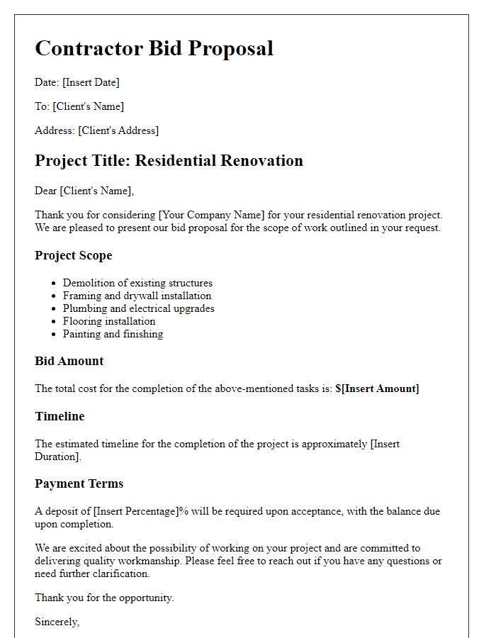 Letter template of contractor bid proposal for residential renovation