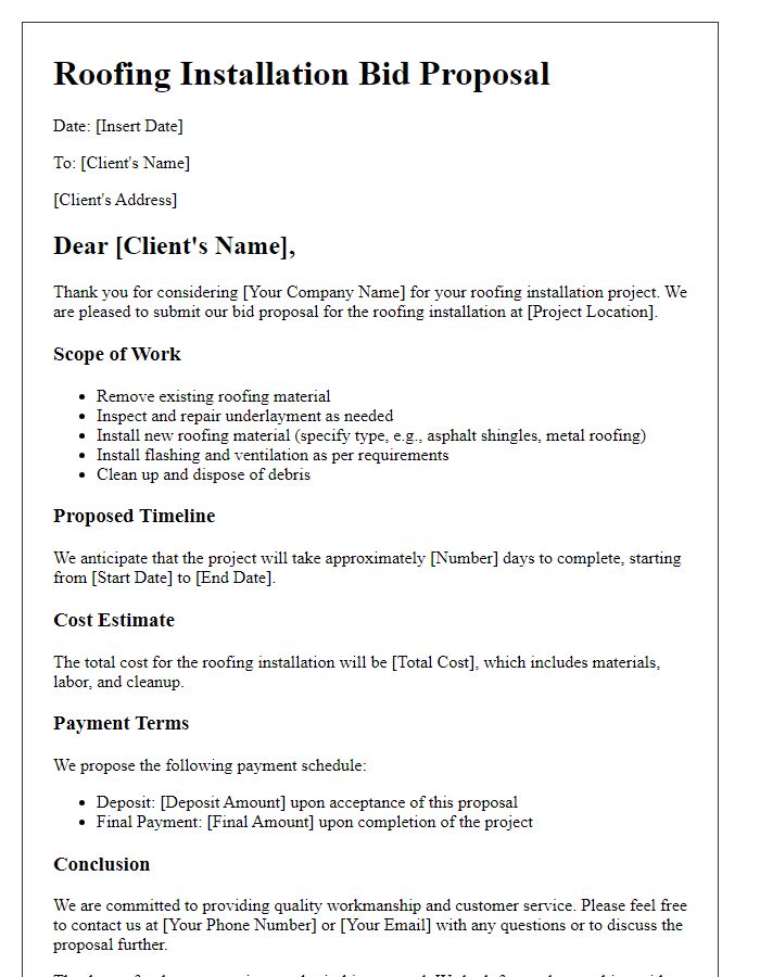 Letter template of contractor bid proposal for roofing installation