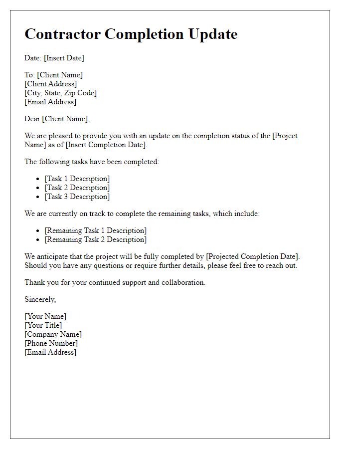 Letter template of contractor's completion update for the project.