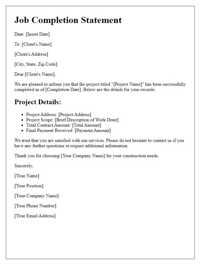 Letter template of contractor's job completion statement.