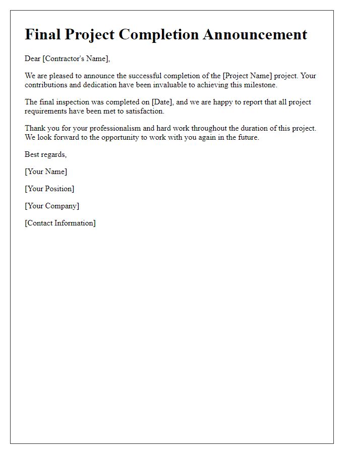 Letter template of final project completion announcement for contractors.