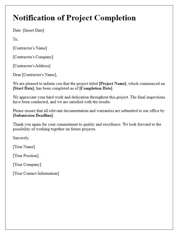 Letter template of notification for contractor project finish.