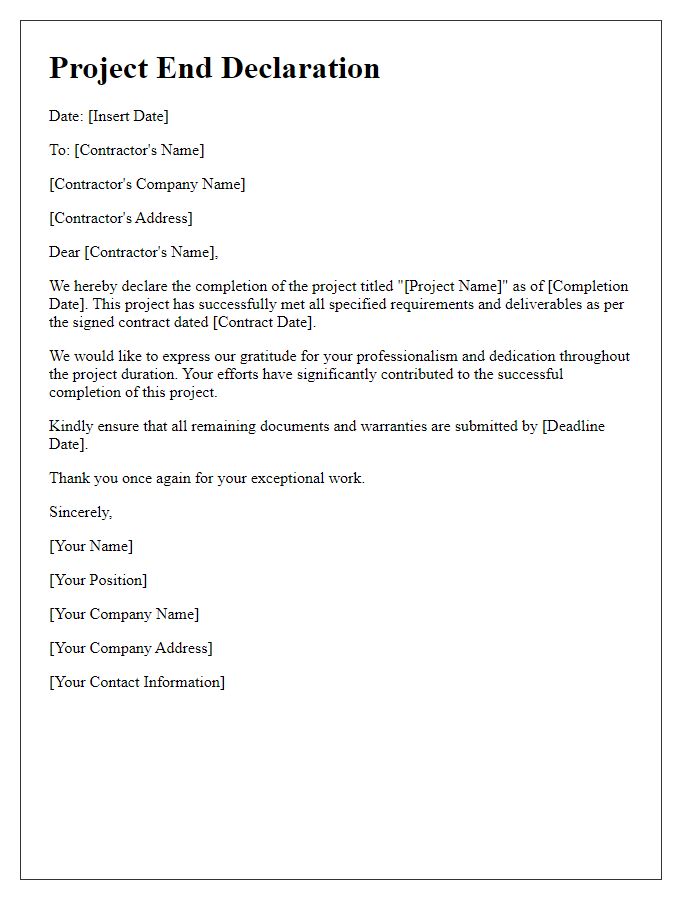 Letter template of project end declaration for contractors.