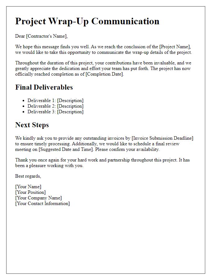 Letter template of project wrap-up communication for contractors.
