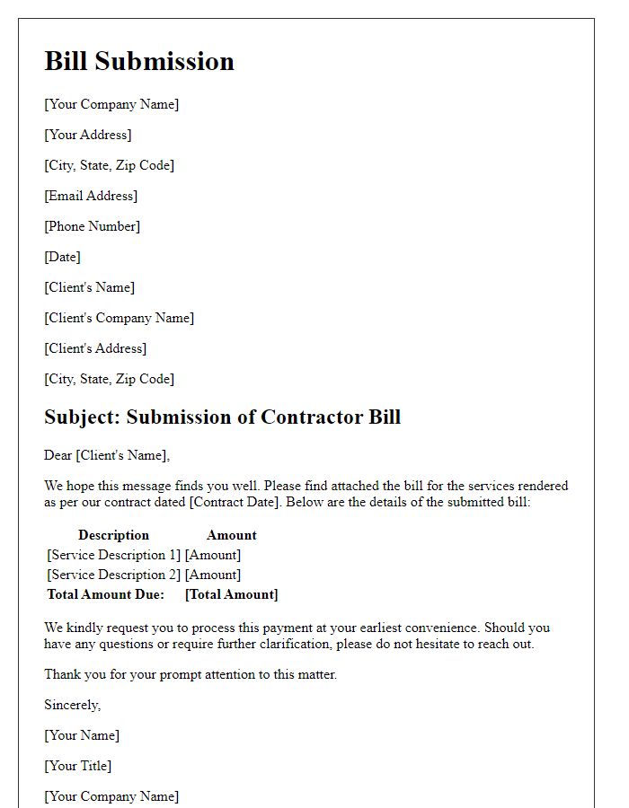 Letter template of contractor bill submission