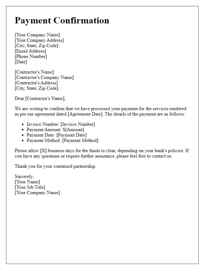 Letter template of contractor payment confirmation