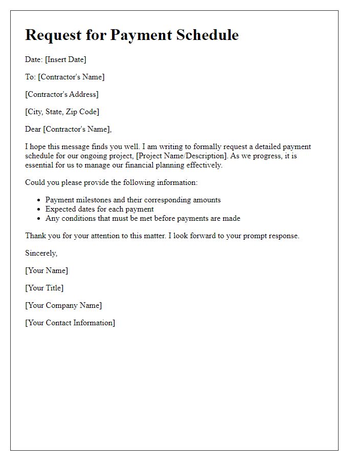 Letter template of contractor payment schedule request