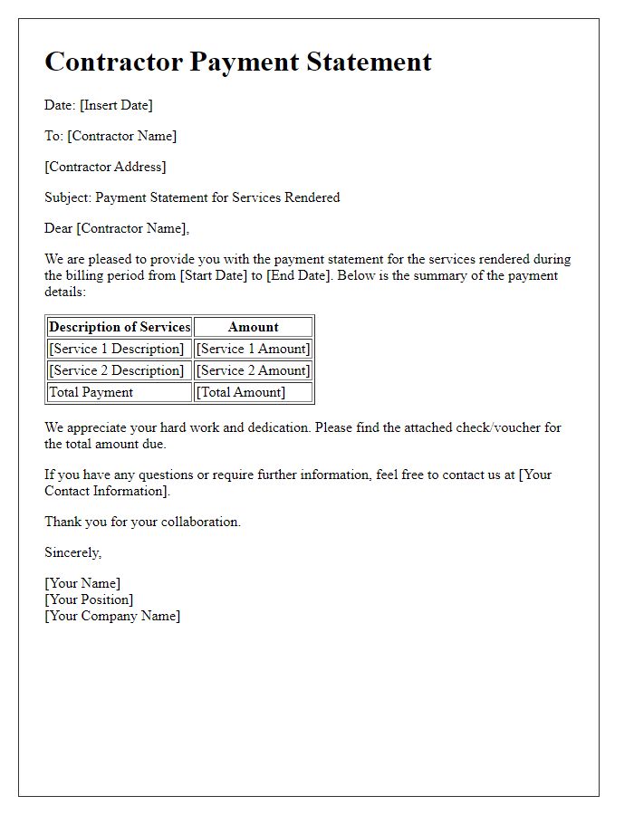 Letter template of contractor payment statement