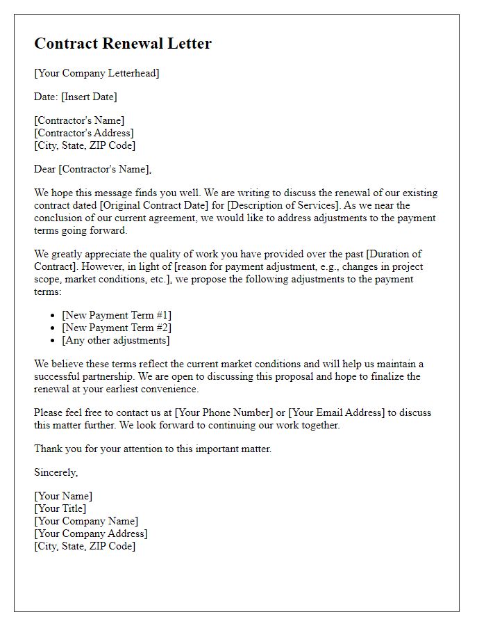 Letter template of contractor contract renewal for adjusting payment terms